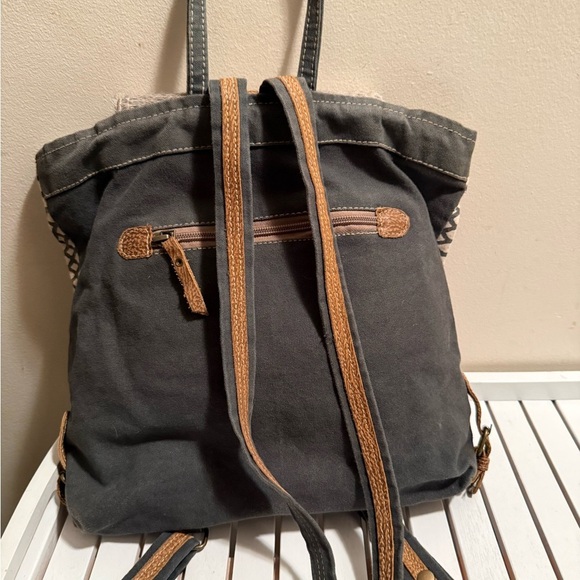 Myra Bag Western Backpack Upcycled Leather Canvas Cowhide Flap Hair Boho NWOT main image 7
